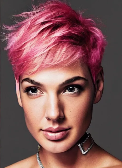 Prompt: photo of a gorgeous Gal Gadot pink pixie cut hair by Mario Testino, detailed, full body shot, award winning, Sony a7R