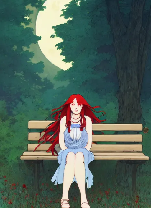 Prompt: pretty young woman with long red hair sitting on a park bench under bright moonlight, path traced, highly detailed, high quality, digital painting, by studio ghibli and alphonse mucha, leesha hannigan, makoto shinkai, disney