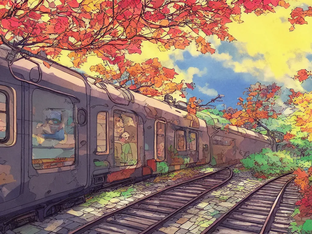 Image similar to sideview of a anime train, illustration, autumn light, colorful, beautiful, inspired by studio ghibli, inspired by hayao miyazaki, concept art, manga, cute and adorable