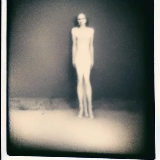 Image similar to a polaroid picture of a pale girl's spirit who doesn't know she's dead, corrupted photo, dreaded black dress, polaroid picture taken by gammell - horror masters - autocore