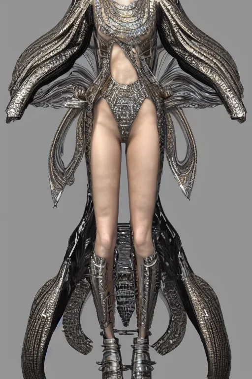 Image similar to a highly detailed 4 k render portrait of a beautiful tall alien goddess bella hadid in iris van herpen dress schiaparelli armor in diamonds and lots of jewelry in style of alphonse mucha trending on artstation made in unreal engine 4