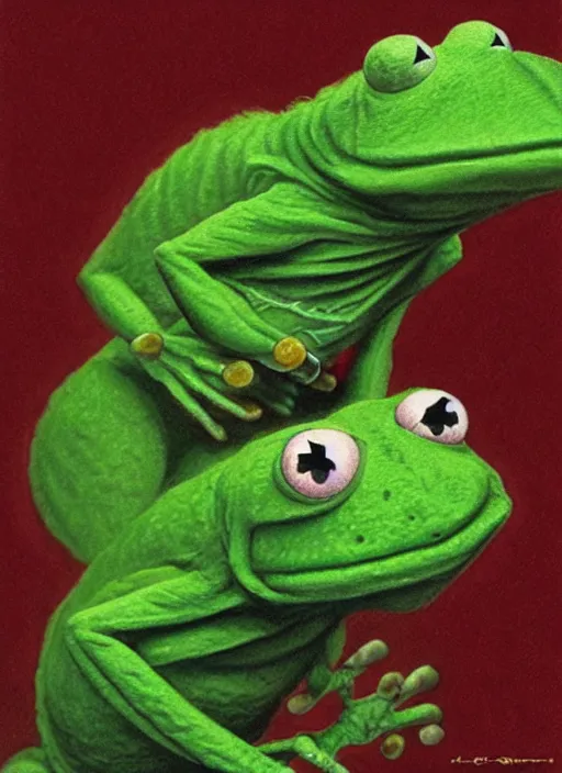 Image similar to portrait of kermit the frog in critters ( 1 9 8 6 ), highly detailed, centered, solid color background, digital painting, artstation, concept art, smooth, sharp focus, illustration, artgerm, donato giancola, joseph christian leyendecker, les edwards, ed repka, greg rutkowski, wlop, artgerm