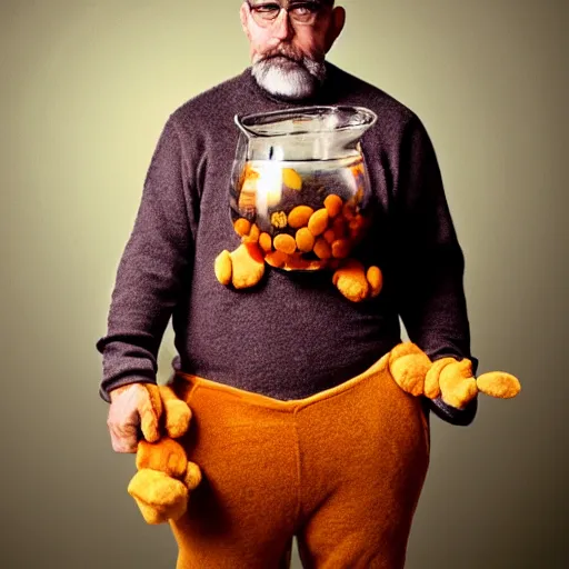 Prompt: a grumpy human man wearing a bear costume, holding a fish bowl with a goldfish inside it, in the style of bill watterson