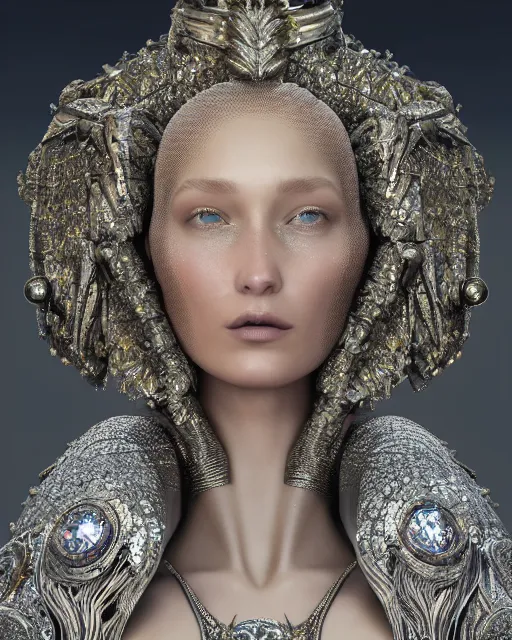 Image similar to a highly detailed metahuman 4 k close up render of an alien goddess bella hadid monument renaissance in iris van herpen dress schiaparelli in diamonds crystals swarovski and jewelry iridescent in style of alphonse mucha gustav klimt trending on artstation made in unreal engine 4