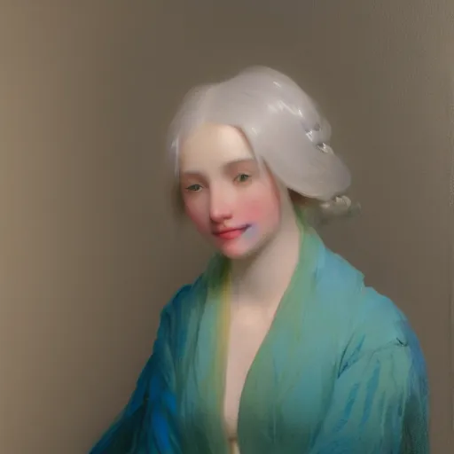 Image similar to a young woman's face, her hair is white and she wears a cobalt blue satin cloak, by ivan aivazovsky and syd mead and moebius and gaston bussiere and roger dean and pieter claesz and paul delaroche and alma tadema and aelbert cuyp and willem claesz, hyperrealistic, volumetric light, octane render