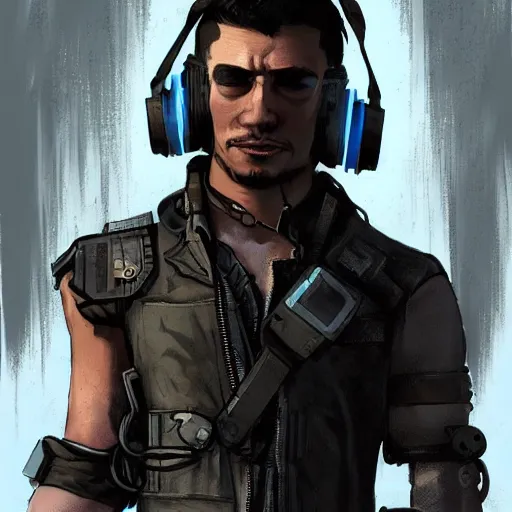 Image similar to Dangerous Hector. buff cyberpunk mercenary wearing a cyberpunk headset, military vest, and jumpsuit. Square face. Concept art by Sherree Valintine Daines and James Gurney. Industrial setting. ArtstationHQ. Creative character design for cyberpunk 2077.