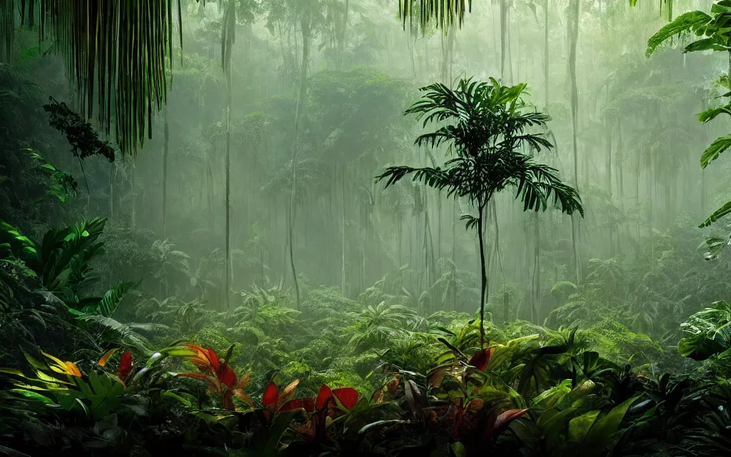 Image similar to a jungle floor with layers of dense foliage all around, misty background, vivid colors, intricate, elegant, smooth, sharp focus, golden hour lighting, film still from the movie directed by denis villeneuve with art direction by wayne barlowe and salvador dali, wide lens, f 3 2, 4 k