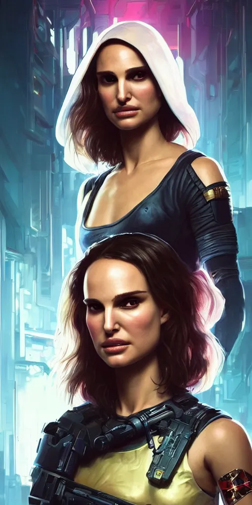 Image similar to portrait of Natalie Portman as a character in arabian Cyberpunk 2077, looking at camera, intricate, dystopian, sci-fi, extremely detailed, digital painting, artstation, concept art, smooth, sharp focus, illustration, intimidating lighting, incredible art by artgerm and greg rutkowski and alphonse mucha and simon stalenhag