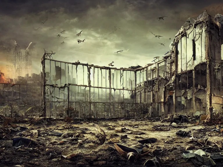 Prompt: postapocalyptic picture of caged raven, ruins around, nuclear explosion, erik johansson style, conceptual art, the last day on the earth, insane detail, hyper realistic 8 k textured