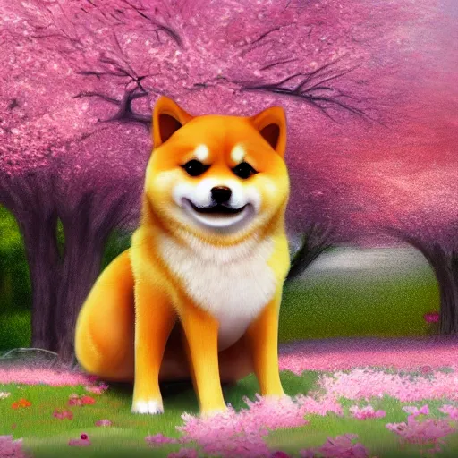 Prompt: hyper realistic cute fluffy shiba inu plays under the cherry blossom tree, highly detailed, digital painting, artstation, concept art, movie still, smooth, sharp focus uhd 8 k