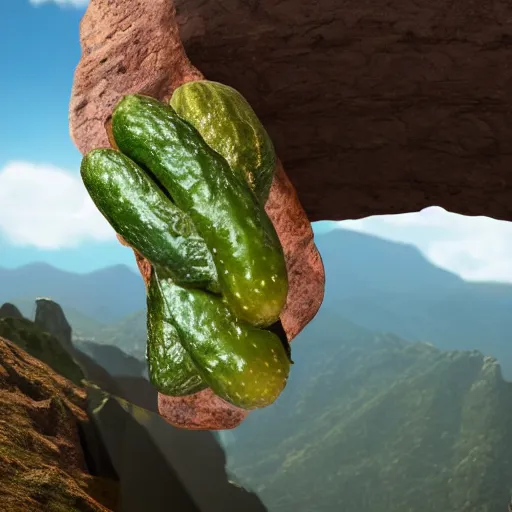 Image similar to A hyper realistic pickle standing on top of a mountain, scenic, realism, 8k,