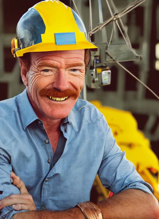 Prompt: closeup portrait of cheerful bryan cranston controlling a crane, sitting in a crane, yellow hardhat, sitting in a crane, natural light, bloom, detailed face, magazine, press, photo, steve mccurry, david lazar, canon, nikon, focus