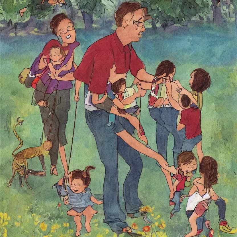 Image similar to small child swung between a mommy and a daddy at a zoo, award winning illustration by Don Freeman