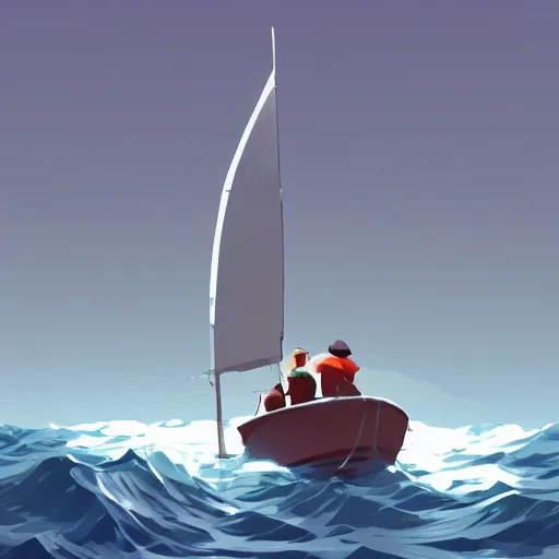 Prompt: Some fishermen struggling not to sink in a small sailboat in the middle of the furious raging ocean, ilustration art by Goro Fujita, concept art, smooth, sharp focus, illustration, ArtStation