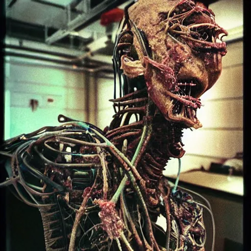 Image similar to “ugly filthy gross fleshy raw meat insectoid cybernetic mummy horse standing in a filthy dirty small server room filled with garbage and networking cables. David Cronenberg. Body horror style. 35mm.”