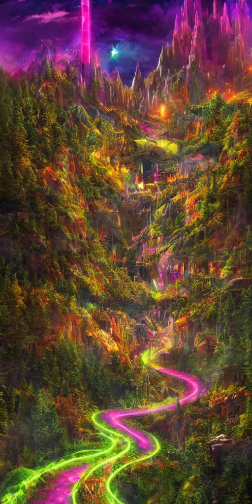 Image similar to neon Harry Poter world, hyper realistic, landscape, nature