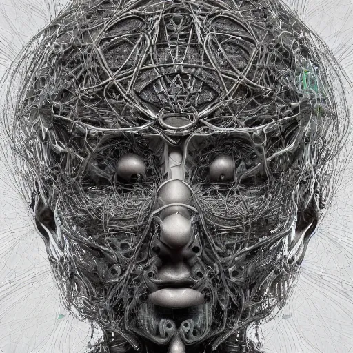 Prompt: cybernetic deity with networked mind tripping on acid, intricate detail, lovecraft, royo, whealan, giger, klimt, hd, octane render, unreal engine,