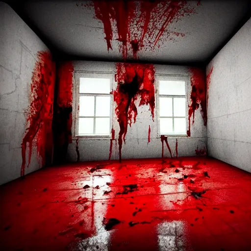 Image similar to one of the most scariest room there is one light on the ceiling and the floor is all blood the outside is night photo - realistic