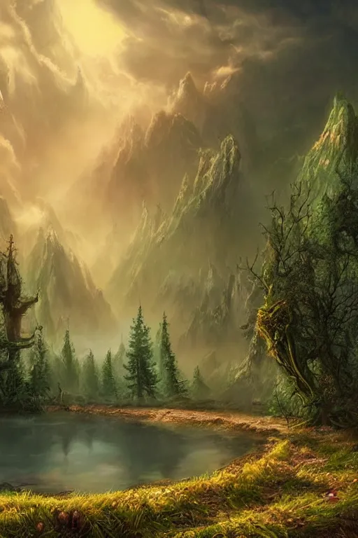 Prompt: beautiful matte painting by lovecraftian style, fantasy path mountains and meadow in the background near a lake reflecting the trees, atmospheric lighting, painted, intricate, volumetric lighting, beautiful, rich deep colors masterpiece, sharp focus, ultra detailed by