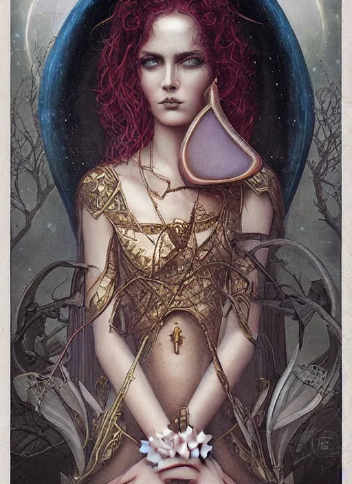 Image similar to beautiful detailed painting of a tarot card, by tom bagshaw