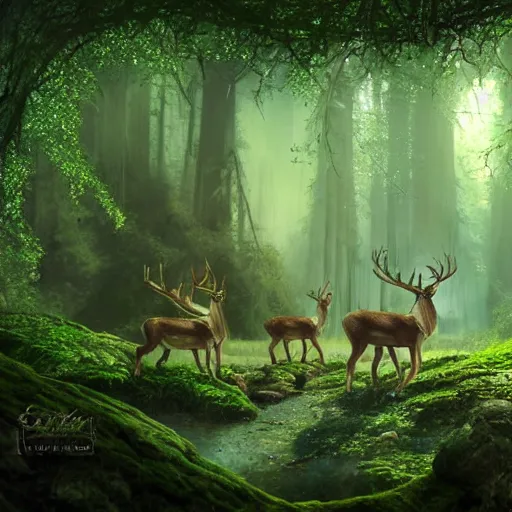 Prompt: beautiful elven celestial stag. beautiful highly detailed forest background. green and blue light. accurate, sci - fi concept art, intricate, elegant, long shot 8 k rendering.
