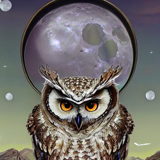 Image similar to A lunar sage with his magical owls looking out into the reflections of all of time 4k photorealism HD surrealism