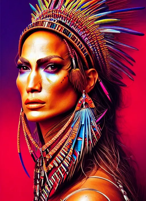 Image similar to portrait of jennifer lopez, hyper detailed ultra sharp aztec shaman warrior. trending on artstation, warpaint aesthetic, bloodwave, colorful, psychedelic, ornate, intricate, digital painting, concept art, smooth, sharp focus, illustration, art by artgerm and greg rutkowski and h. r. giger, 8 k