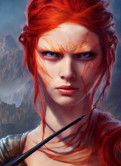 Image similar to Redhead girl which chest wrapped in bandages with katana in desert, fantasy, medieval, vivid colors, fantasy, elegant, concept art, sharp focus, beautiful face, digital art, Hyper-realistic, 4K, Unreal Engine, Highly Detailed, HD, Dramatic Lighting by Brom, trending on Artstation