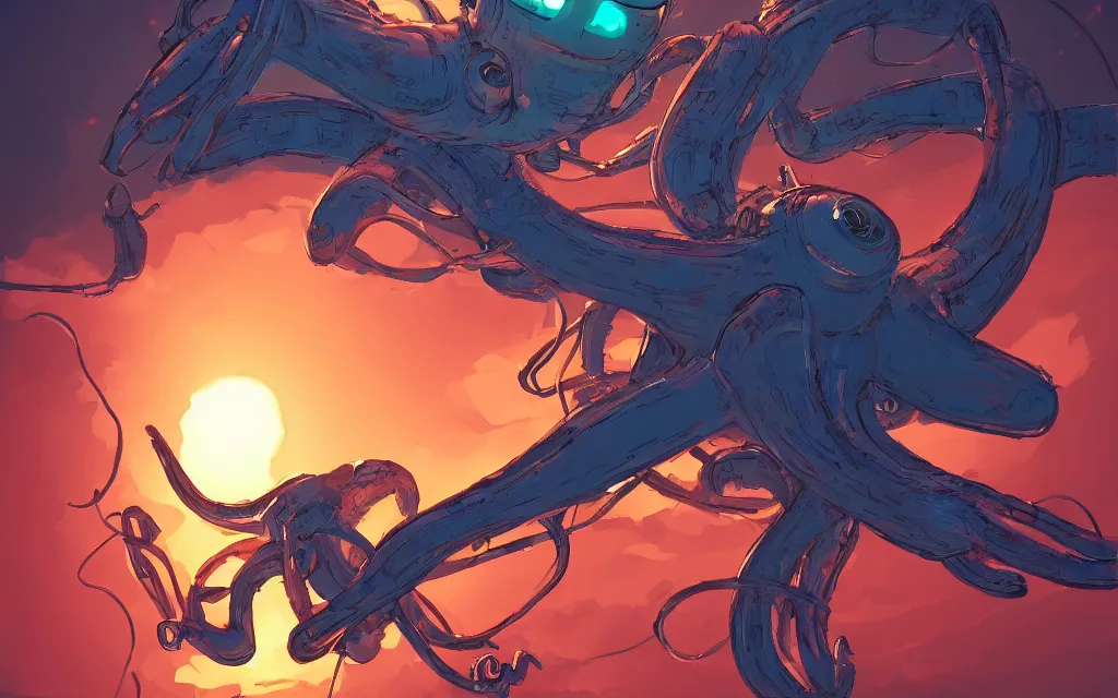 Prompt: robotic flying octopus, in the style of ilya kuvshinov and laurie greasley, dynamic composition, dramatic lighting, ultra detailed, nitro colors