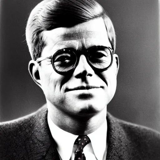 Prompt: A studio portrait of JFK wearing glasses as a librarian; f/1.4, 90mm, extraodinary masterpiece!!!!!!
