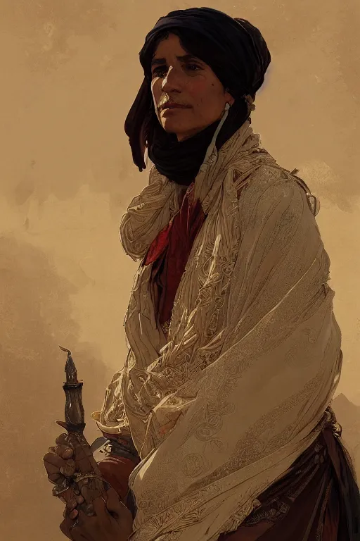 Prompt: A full portrait of an ancient Bedouin traveling spice merchant intricate, elegant, highly detailed, digital painting, artstation, concept art, smooth, sharp focus, illustration, art by Krenz Cushart and Artem Demura and alphonse mucha