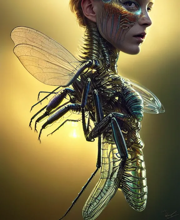 Image similar to intricate transparent clear see - through portrait of a terrifying beautiful alien insect, mottled coloring, adorable, childlike, pastoral environment, ultra realistic, concept art, art nouveau, photorealistic, octane render, 8 k, unreal engine. art by christopher marley and artgerm and greg rutkowski and alphonse mucha