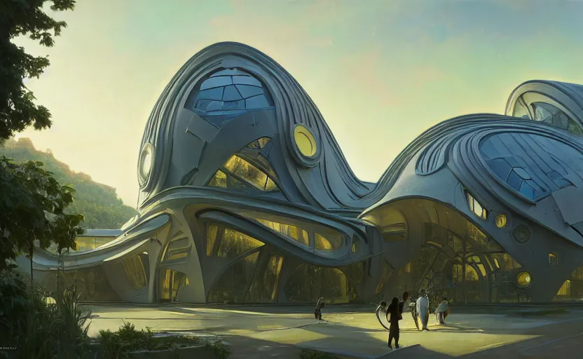 Image similar to exterior shot of utopian architecture school with cinematic lighting by zaha hadid and renzo piano, darek zabrocki and greg ruthkowski, alphonse mucha, simon stalenhag, cinematic, paradise, scifi, futurism, atmospheric, sunset, concept art, artstation, trending on artstation