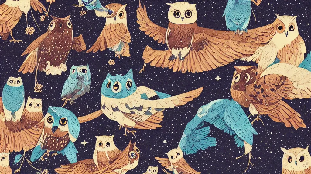 Prompt: very detailed, ilya kuvshinov, mcbess, rutkowski, watercolor quilt illustration of owls flying at night, colorful, deep shadows, astrophotography, highly detailed
