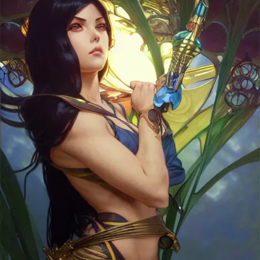 Prompt: highly detailed vfx portrait of nico robin, greg rutkowski, makoto shinkai, alphonse mucha, sharp focus, art by artgerm and greg rutkowski, backlit, harsh overhead sunlight, blue eyes,