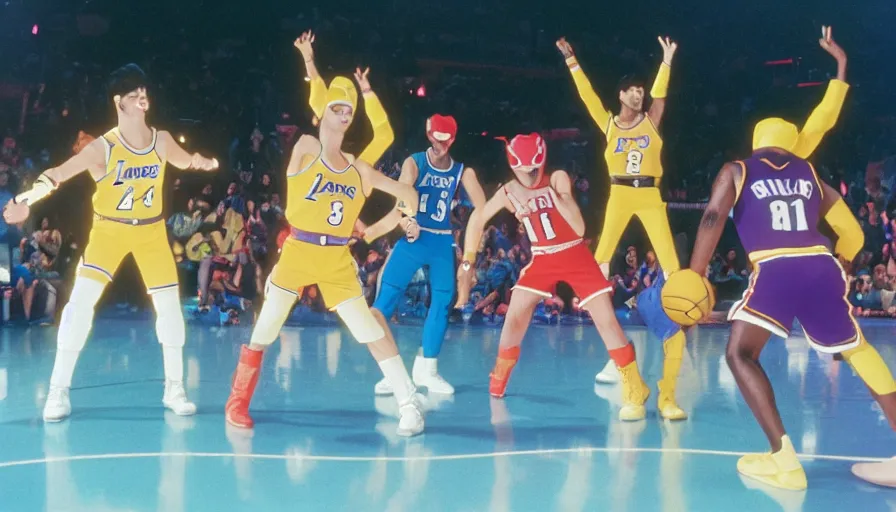 Image similar to power rangers playing basketball against the los angeles lakers, cinestill 8 0 0 t 3 5 mm eastmancolor, heavy grain, high quality, high detail