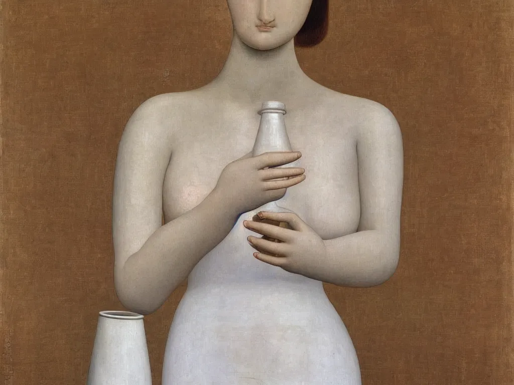 Prompt: Close up of delicate hands holding a water jug. Painting by Alex Colville, Piero della Francesca