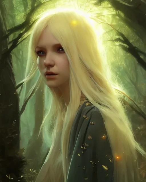 Prompt: blonde young sorceress with a heavy cloak casting a spell in the forest, fantasy character portrait, ultra realistic, concept art, intricate details, highly detailed by ilya kuvshinov, greg rutkowski, gaston bussiere, craig mullins, simon bisley