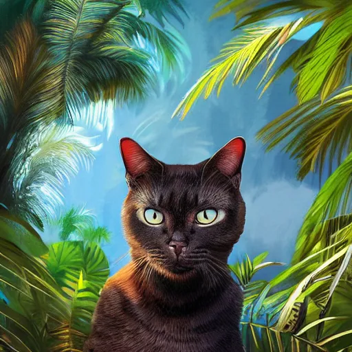 Image similar to a cat taking selfie in a swimming pool in the middle of the jungle, highly detailed, digital painting, artstation, concept art