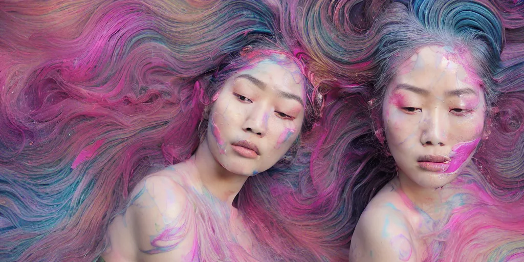 Image similar to a portrait of a very beautiful young asian goddess with pink and grey hair radiating an artwork made of swirling paint and impasto, sleepy eyes by wlop and monia merlo and fintan magee, background is multicoloured volumetric displacement, hyperrealism, subsurface scattering, arnold render, noise to volume, 8 k, houdini, xparticles