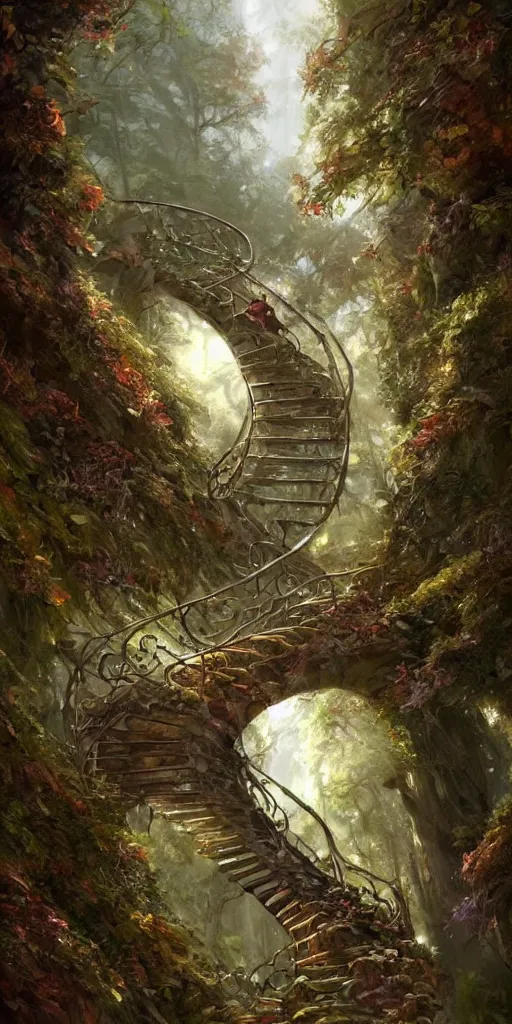 Image similar to a man walking up a steep and winding staircase, in magical woods, intricate, elegant, highly detailed, fantasy digital painting, artstation, concept art, sharp focus, beautiful illustration, by justin gerard and artgerm, 8 k