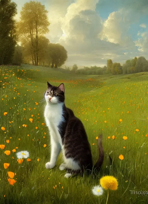 Prompt: the cat in the meadow from flowers : dandelions, poppy, tulip, chamomile, hyperrealism, no blur, 4 k resolution, ultra detailed, style of ivan shishkin, tyler edlin, tom bagshaw, arthur rackham,