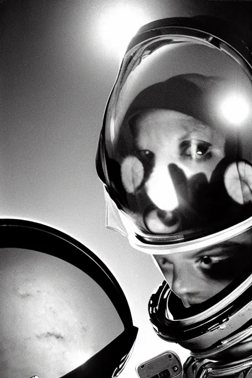 Prompt: extremely detailed studio portrait of space astronaut taking a selfie, holds a smart phone in one hand, phone!! held up to visor, reflection of phone in visor, moon, extreme close shot, soft light, golden glow, award winning photo by george hurrell