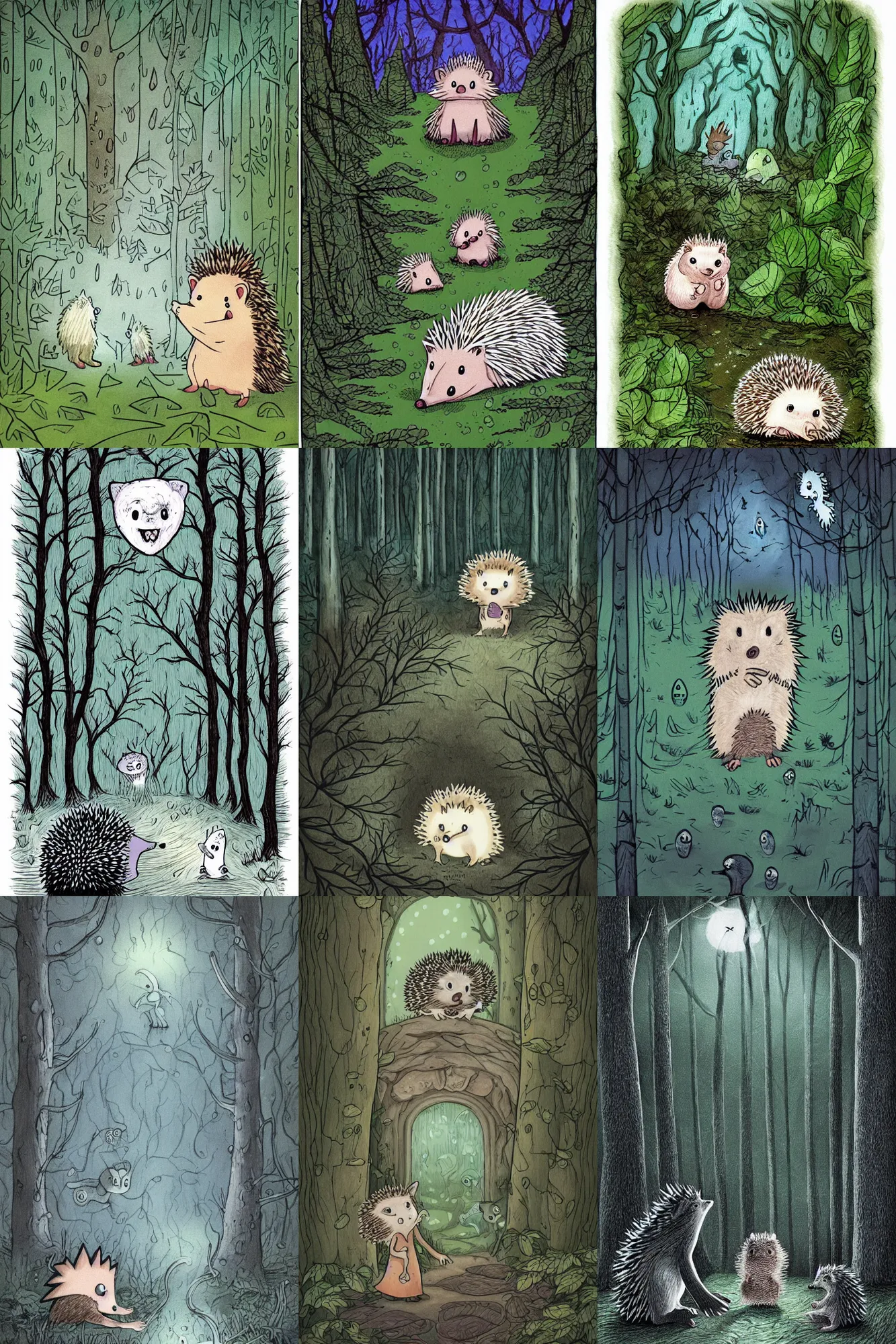 Prompt: hedgehog in the forest haunted by a ghost, ghost hedgehog, children's book illustration, cartoon, detailed, Lucy Fleming, rainy, creepy, horror