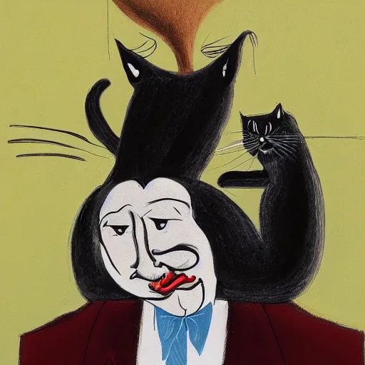 Image similar to a detailed portrait painting of a man with a cat on his back by gerald scarfe