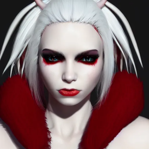 Image similar to a highly detailed portrait of a humanoid demon girl with white hair, red horns, in white clothes, artstation, deviantart, professional, unreal engine 5, photorealistic