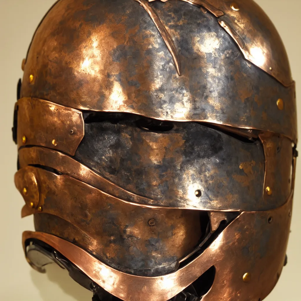 Prompt: a presentation photo of a duel knight's helmet that is made of copper and gold, beautiful ornated details