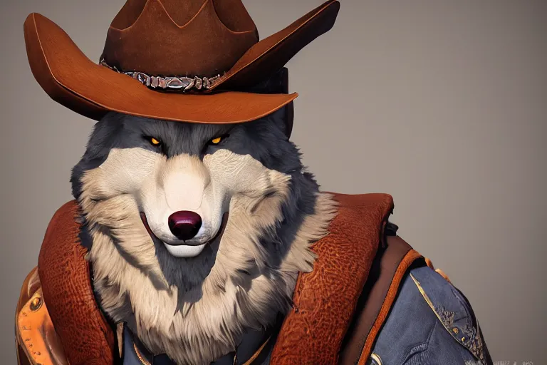 Prompt: character portrait icon of the anthro male anthropomorphic wolf fursona wearing cowboy outfit wild west desperado character design by charlie bowater, ross tran, artgerm, and makoto shinkai, detailed, soft lighting, rendered in octane