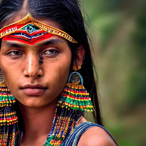 Prompt: portrait of a stunningly beautiful nepali tribal female, depth of field, zeiss lens, detailed, symmetrical, centered, fashion photoshoot, by Annie Leibovitz and Steve McCurry, David Lazar, Jimmy Nelsson, Breathtaking, 8k resolution, extremely detailed, beautiful, establishing shot, artistic, hyperrealistic, beautiful face, octane render