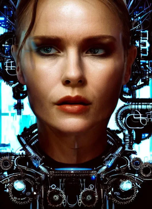 Image similar to 35mm portrait of a sophisticated intricate terminator woman's head on the background of a weird magical mechanical forest. Round gears visible inside her hear. Very detailed 8k. Fantasy cyberpunk horror. Sharp.